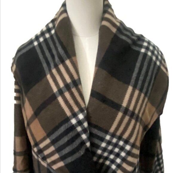 Ellen Reyes Woman Wrap Style Coat Black Tan Cream Plaid Collared Fleece L - Picture 2 of 16